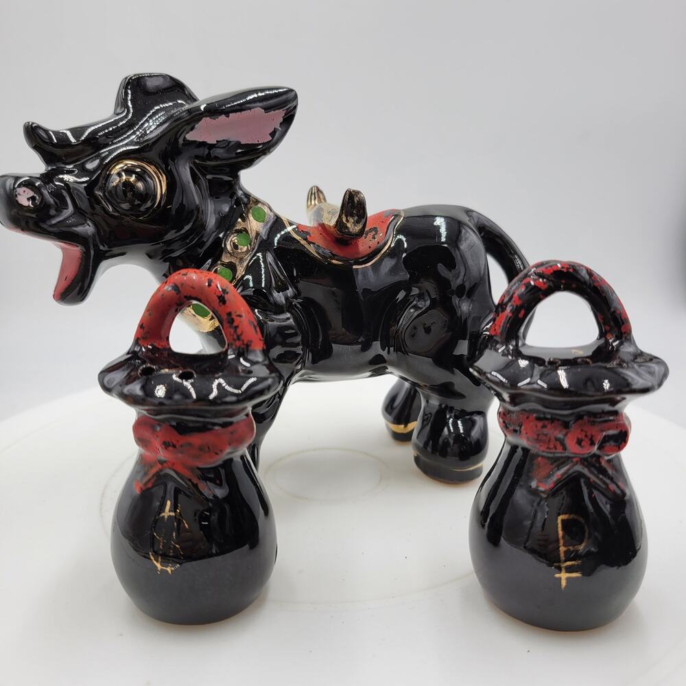 Vintage Black Donkey Carrying Money Bags Salt and Pepper Shakers Set and Holder